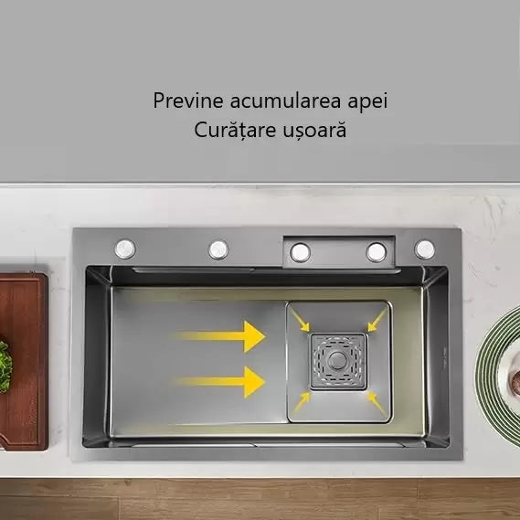 Set chiuvetă bucătărie, multifuncțională, baterie cu duș de pulverizare extractabil, baterie specială pentru apă purificată, dispenser de săpun + accesorii incluse