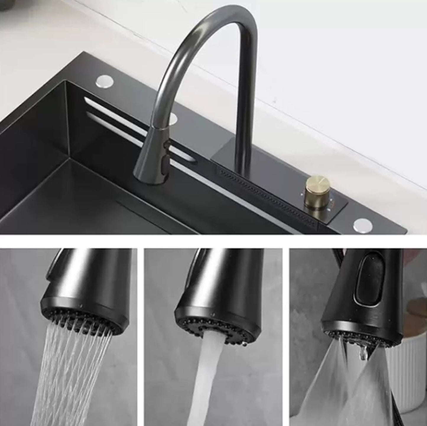 Set chiuvetă bucătărie, multifuncțională, baterie cu duș de pulverizare extractabil, baterie specială pentru apă purificată, dispenser de săpun + accesorii incluse