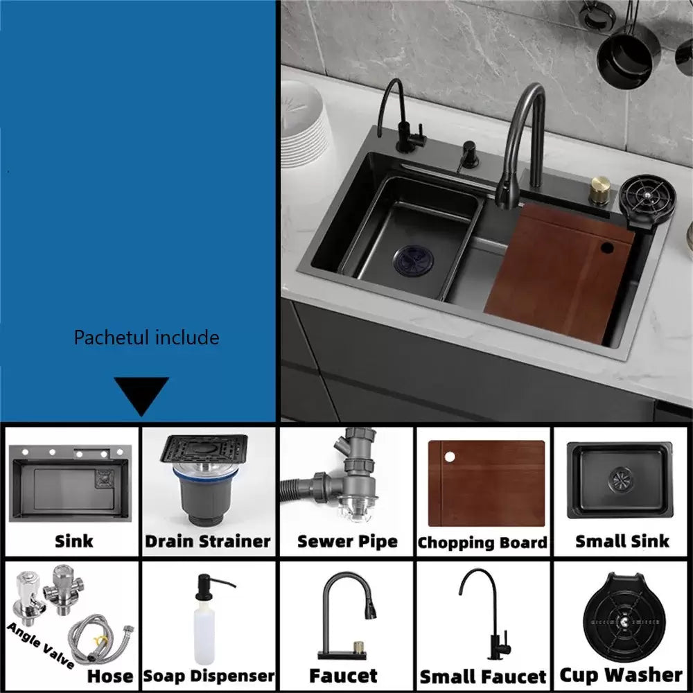 Set chiuvetă bucătărie, multifuncțională, baterie cu duș de pulverizare extractabil, baterie specială pentru apă purificată, dispenser de săpun + accesorii incluse