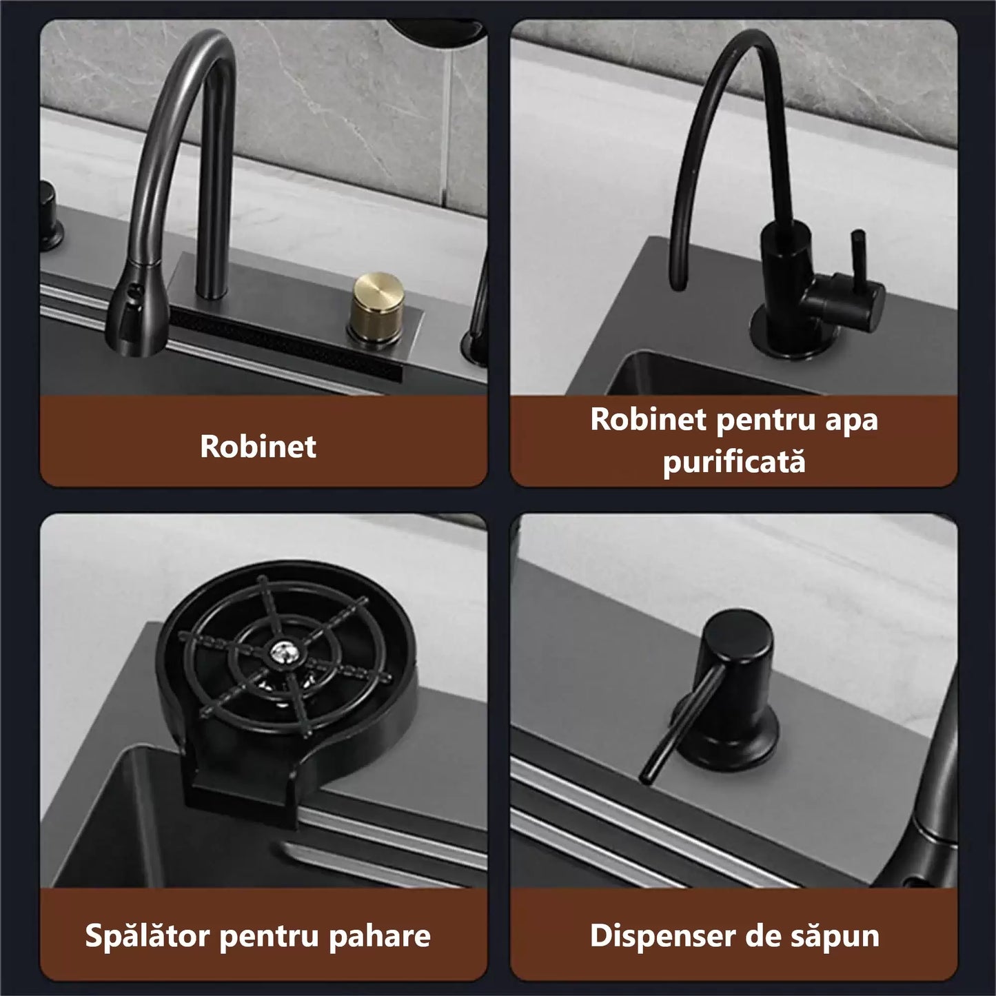 Set chiuvetă bucătărie, multifuncțională, baterie cu duș de pulverizare extractabil, baterie specială pentru apă purificată, dispenser de săpun + accesorii incluse
