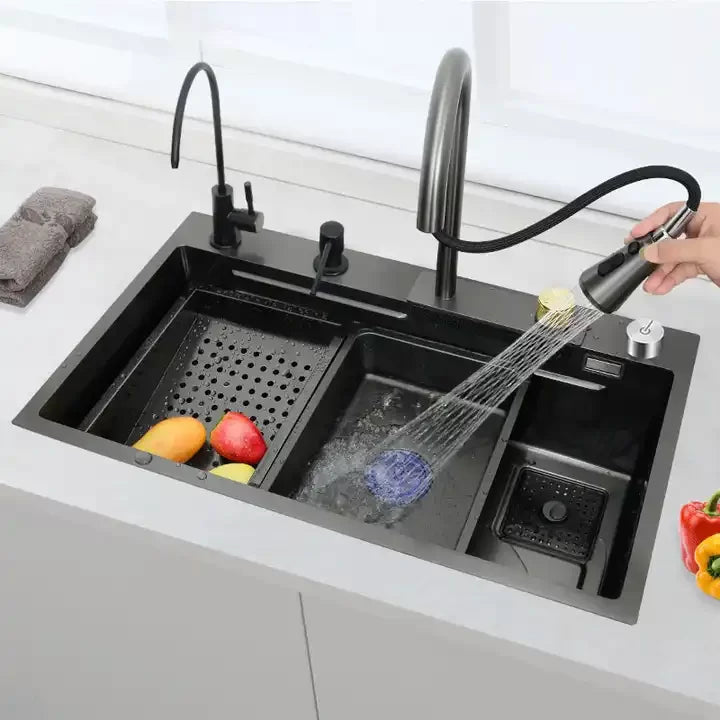 Set chiuvetă bucătărie, multifuncțională, baterie cu duș de pulverizare extractabil, baterie specială pentru apă purificată, dispenser de săpun + accesorii incluse