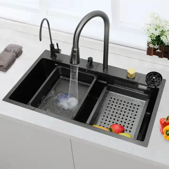 Set chiuvetă bucătărie, multifuncțională, baterie cu duș de pulverizare extractabil, baterie specială pentru apă purificată, dispenser de săpun + accesorii incluse