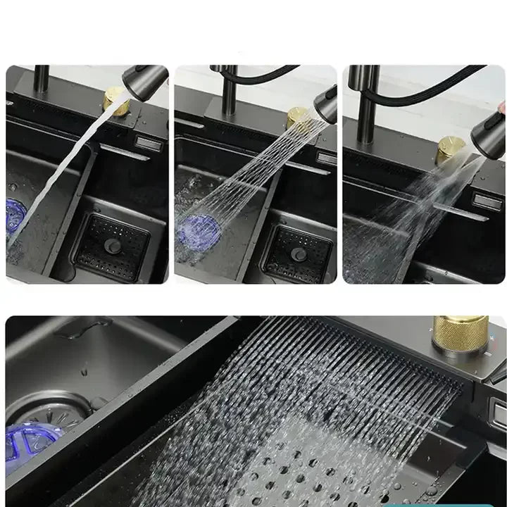 Set chiuvetă bucătărie, multifuncțională, baterie cu duș de pulverizare extractabil, baterie specială pentru apă purificată, dispenser de săpun + accesorii incluse