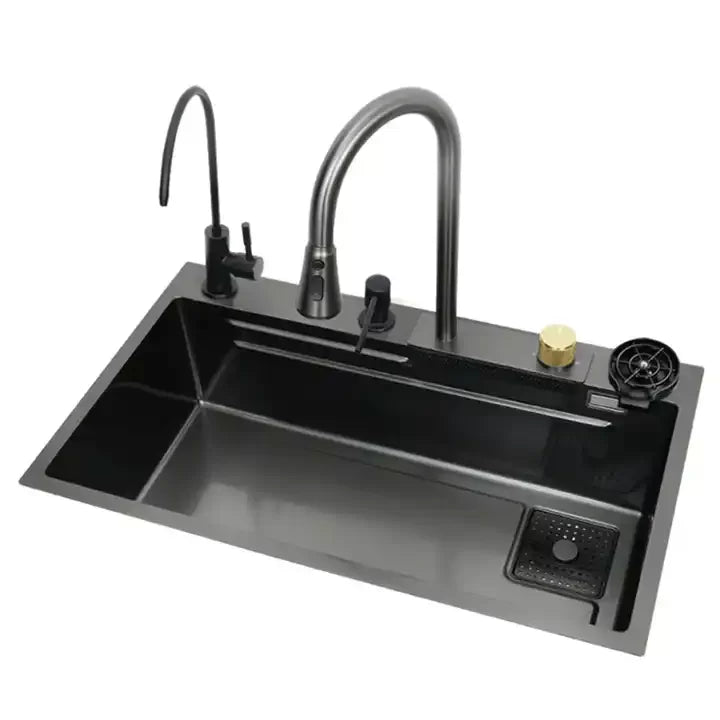 Set chiuvetă bucătărie, multifuncțională, baterie cu duș de pulverizare extractabil, baterie specială pentru apă purificată, dispenser de săpun + accesorii incluse