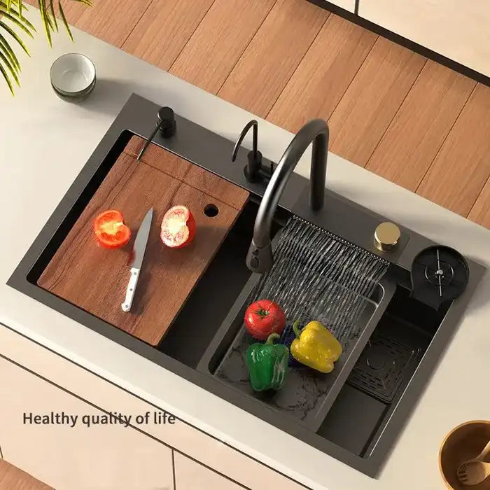 Set chiuvetă bucătărie, multifuncțională, baterie cu duș de pulverizare extractabil, baterie specială pentru apă purificată, dispenser de săpun + accesorii incluse