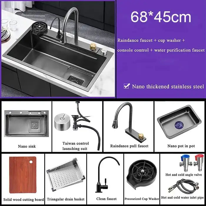 Set chiuvetă bucătărie, multifuncțională, baterie cu duș de pulverizare extractabil, baterie specială pentru apă purificată, dispenser de săpun + accesorii incluse