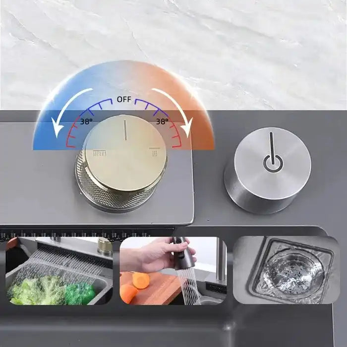 Set chiuvetă bucătărie, multifuncțională, baterie cu duș de pulverizare extractabil, baterie specială pentru apă purificată, dispenser de săpun + accesorii incluse