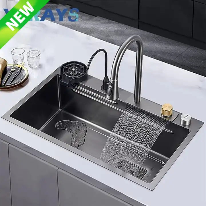 Set chiuvetă bucătărie, multifuncțională, baterie cu duș de pulverizare extractabil, baterie specială pentru apă purificată, dispenser de săpun + accesorii incluse
